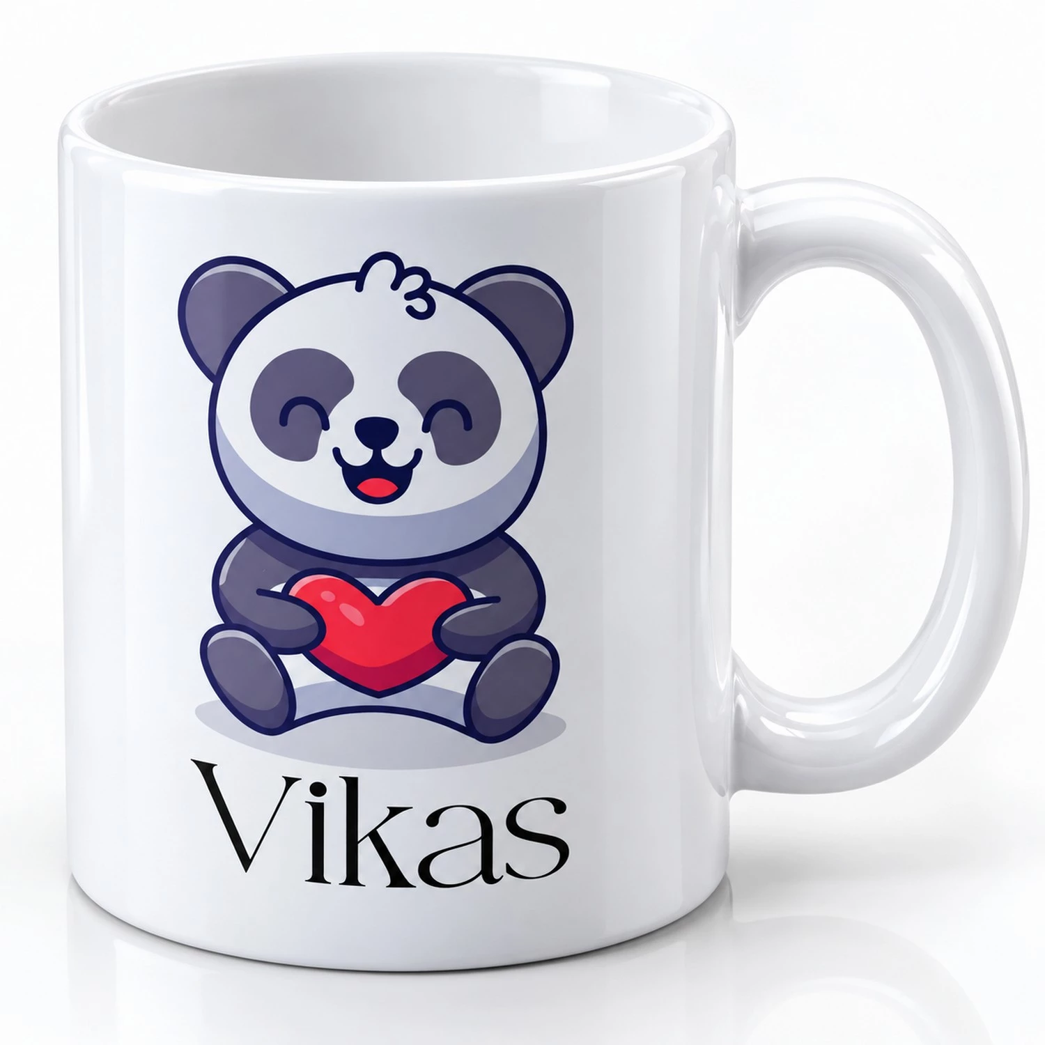 Custom name kids mug with a happy panda holding a red heart and Vikas printed below on a white coffee mug.