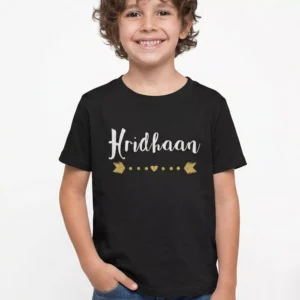 Black cotton kids T shirt with custom name print in premium finish