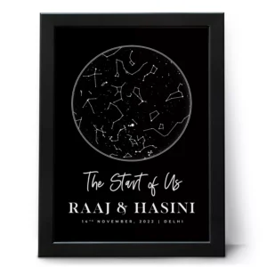 Personalized couple star map frame showing custom night sky with names date and Delhi location anniversary gift