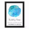 Personalized custom star map poster in a black frame showing a blue watercolor night sky map with constellation lines, names, date, and location text.