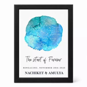 Personalized custom star map poster in a black frame showing a blue watercolor night sky map with constellation lines, names, date, and location text.