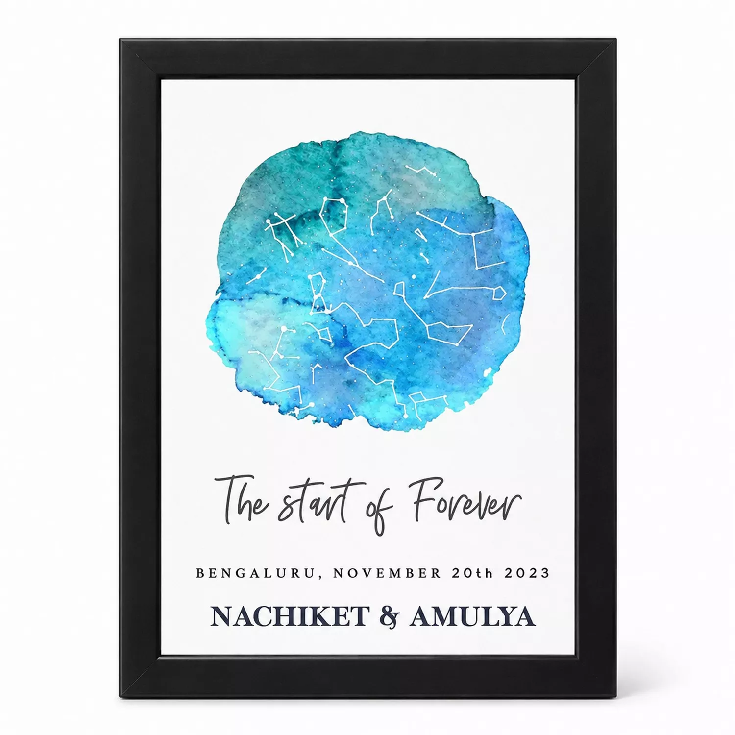 Personalized custom star map poster in a black frame showing a blue watercolor night sky map with constellation lines, names, date, and location text.