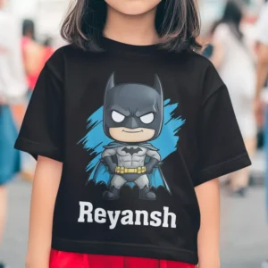 Personalized superhero kids name T-shirt with batman style cartoon character and custom child name printed on black T-shirt