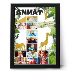 Personalized baby 12 month photo frame collage with name custom print for first birthday gift in black frame