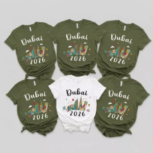 Dubai 2026 family vacation matching t shirts with colorful Dubai skyline travel design for family trip outfits