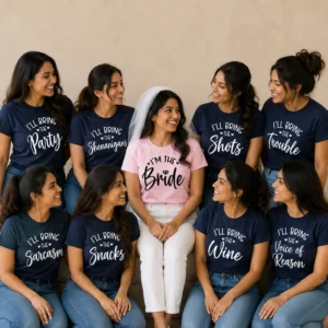 Bride wearing a pink I'm the Bride T-shirt surrounded by friends in navy shirts with funny I'll Bring the Party phrases