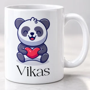 Personalized kids coffee mug showing a cartoon panda with a red heart and the name Vikas on a glossy white mug.