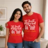 Personalised red 1st anniversary couple T-shirts featuring Just Married 01 Year Ago design with custom names.