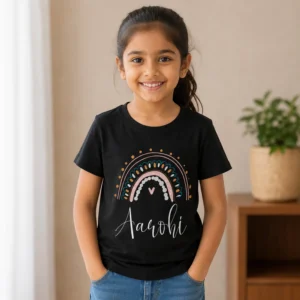 Personalised Aarohi girls black T-shirt with colourful rainbow and custom name
