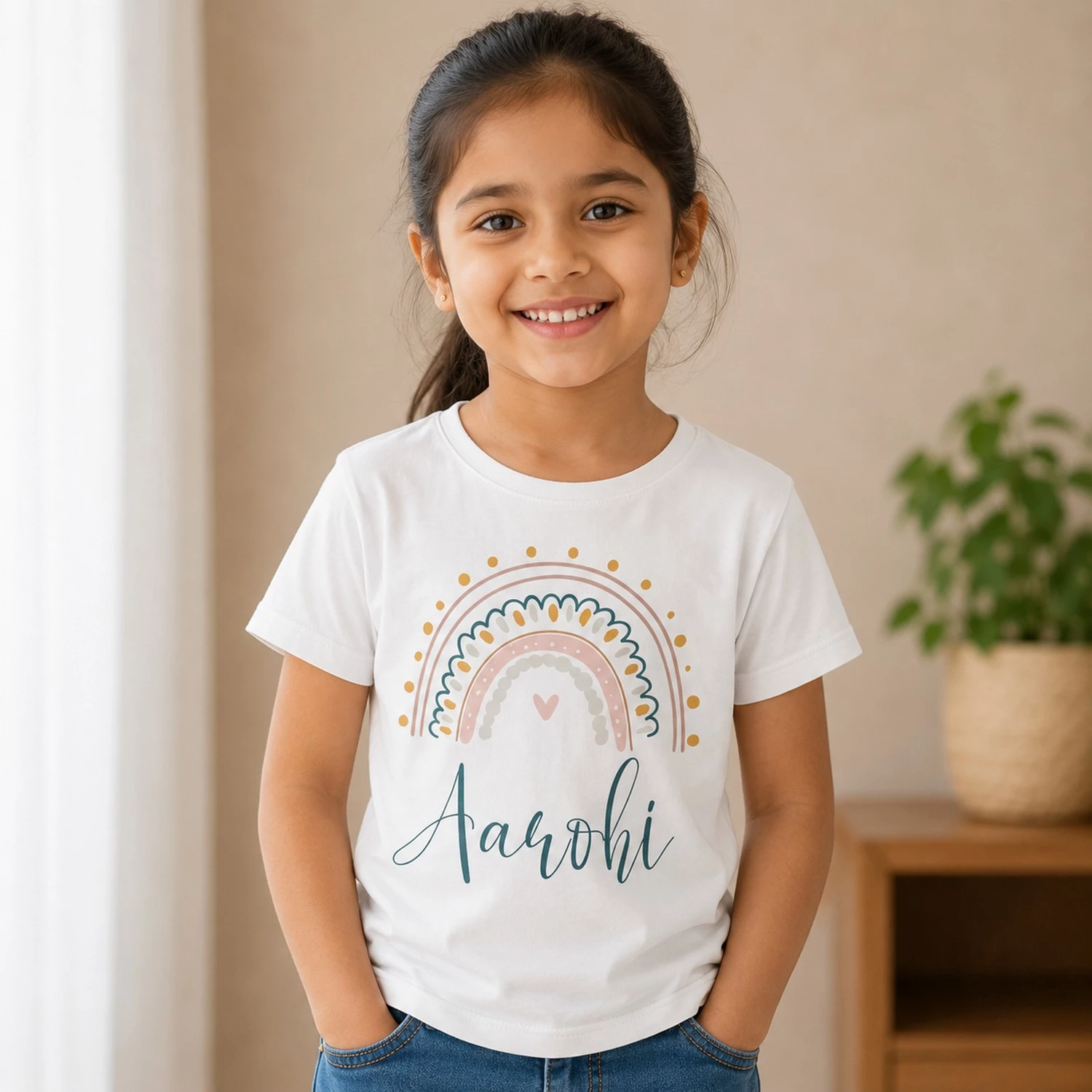 Personalised Aarohi girls white T-shirt with pastel rainbow and custom name