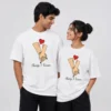 Couple wearing white oversized unisex T-shirts with holding hands illustration, custom names and Always and Forever text