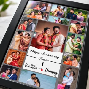 Close angled view of a black personalised anniversary photo frame with a large wedding portrait, multiple couple photos, custom names, and heart detail.