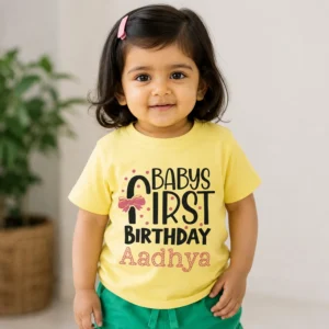 Personalised baby first birthday yellow T-shirt with number 1 bow design and custom name Aadhya