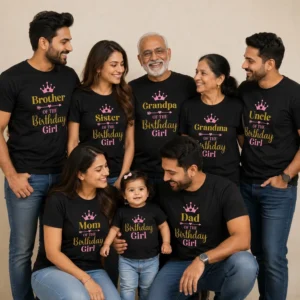 Personalised birthday girl family matching black T-shirts for mom, dad, grandparents, sister, brother and uncle.