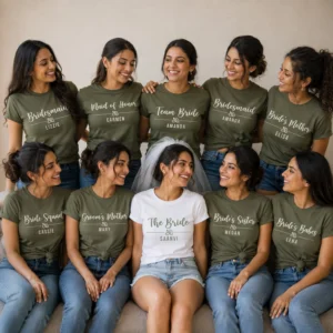 Bridal party wearing personalised olive green wedding T-shirts with Bridesmaid, Maid of Honor, Team Bride and family roles