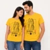 Couple wearing matching yellow personalised T-shirts with custom line art portrait, names and music player inspired design