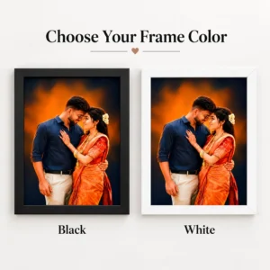 Personalised wedding couple photo frame shown side by side in black and white frame color options with the same romantic portrait.