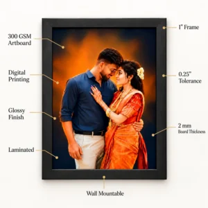 Personalised couple photo frame feature graphic showing 300 GSM artboard, digital printing, glossy finish, lamination, one-inch frame, 0.25-inch tolerance, 2 mm board thickness and wall-mountable design.