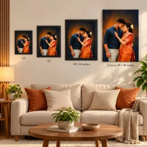 Personalised couple wedding portrait displayed in A4, A3 and 18 x 24 inch black frames with a larger 20 x 30 inch canvas shown on a living room wall.