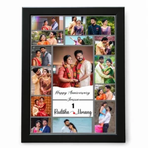 Personalised couple photo frame in black with multiple wedding portraits, a large central couple photo, anniversary text, custom names Rudisha and Umang, and heart detail.