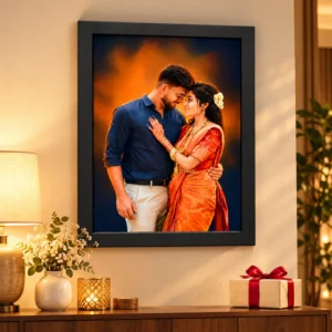 Personalised couple photo frame displayed on a warm living room wall above a wooden console with flowers, lamp and wrapped gift.