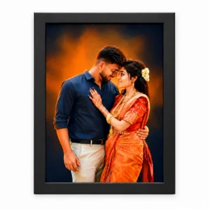 Personalised couple photo frame with a wedding portrait of a couple in traditional attire, displayed in a black rectangular frame with a warm orange and dark blue background.