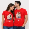 Couple wearing matching red personalised T-shirts with custom portrait, Reyansh and Isha names and music player design