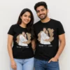 Couple wearing matching black personalised portrait T-shirts featuring custom artwork and Varun Isha names