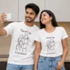 Couple wearing matching white personalised T-shirts with selfie line art, custom names Nikhil and Pooja and special date