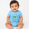 Sky blue personalised Eid Mubarak baby romper with Safdar name and green mosque-inspired design