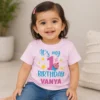 Personalised pink first birthday T-shirt for baby girl with number 1 cupcake and stars design and name Vanya