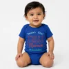 Personalised blue first Eid baby romper with Imran name, Eid Mubarak and Alhamdulillah design