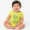 Personalised green first Eid baby romper with Yousuf name, crescent moon and hanging lantern design