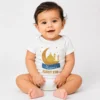 White personalised first Eid baby romper with Hassan name, gold crescent moon and mosque design