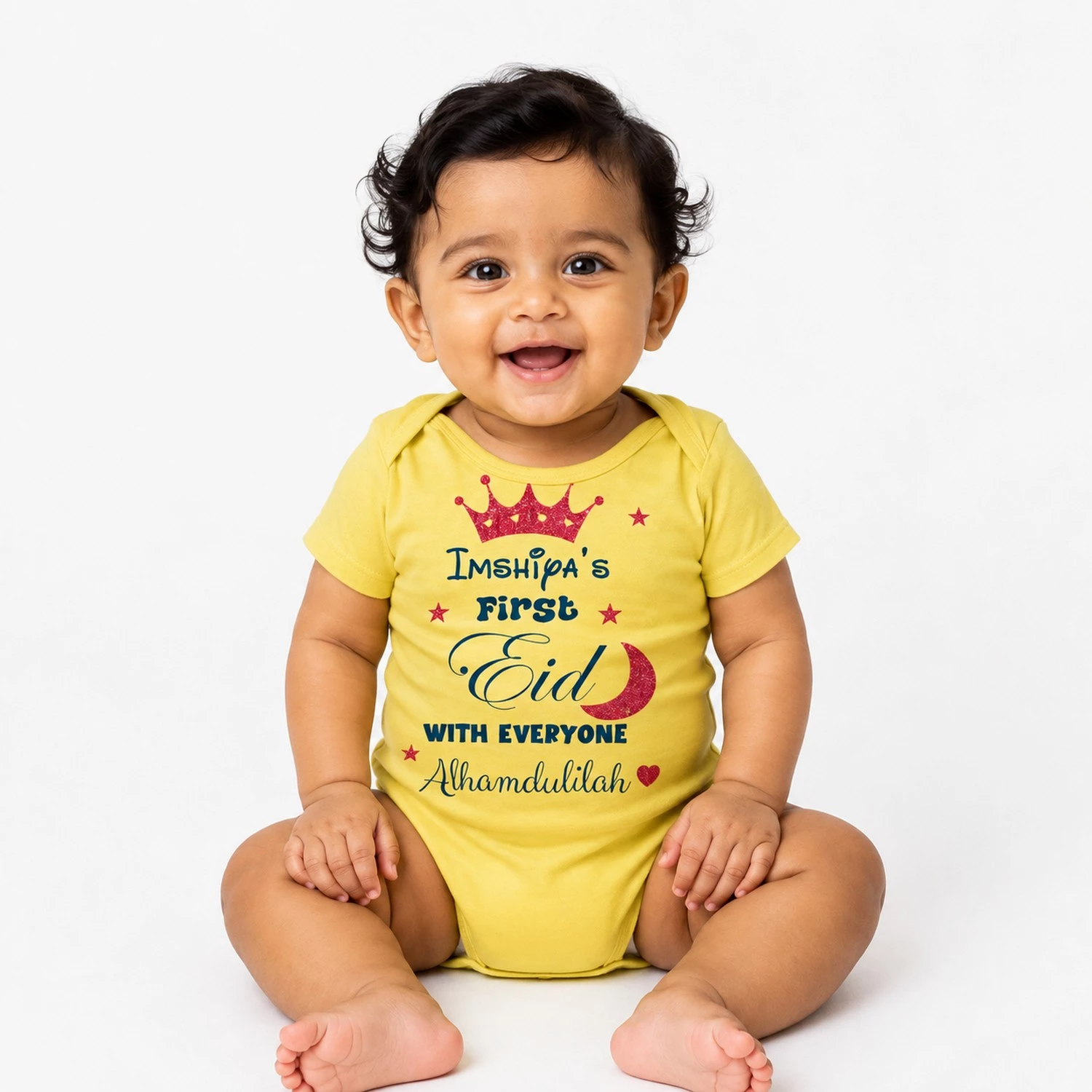 Yellow personalised first Eid baby romper with custom name, crown, crescent moon and Alhamdulillah design