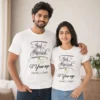Personalised white first wedding anniversary couple T-shirts featuring Just Married 01 Year Ago design with custom couple names.