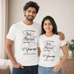 Personalised white first wedding anniversary couple T-shirts featuring Just Married 01 Year Ago design with custom couple names.