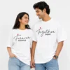 Couple wearing white oversized T-shirts personalised with Forever and Together text, names Vedhika and Tanay