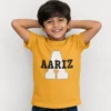 Personalised yellow boys T-shirt with Aariz name and large A initial design