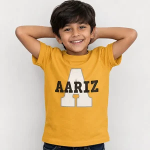 Personalised yellow boys T-shirt with Aariz name and large A initial design