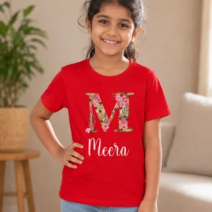 Personalised red girls T-shirt with Meera name and floral M initial design