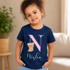 Personalised navy blue girls T-shirt with Nisha name, N initial and cute teddy design