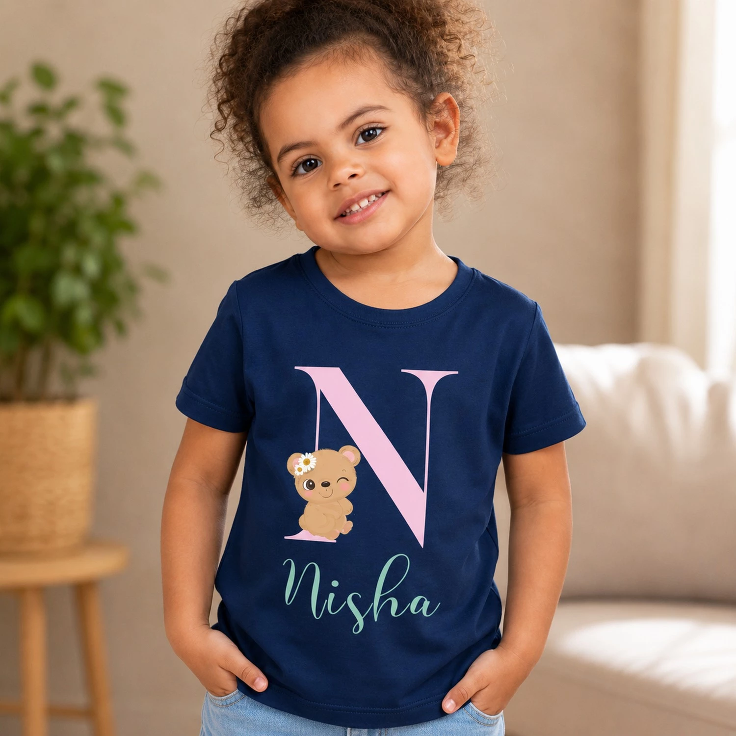 Personalised navy blue girls T-shirt with Nisha name, N initial and cute teddy design