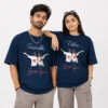 Couple wearing navy oversized T-shirts with personalised Saurabh and Neha names and romantic Loves You illustration