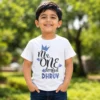 Personalised boys first birthday white T-shirt with Mr One-derful crown design and custom name Dhruv