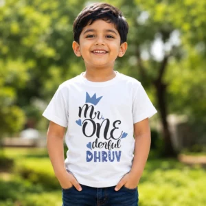Personalised boys first birthday white T-shirt with Mr One-derful crown design and custom name Dhruv