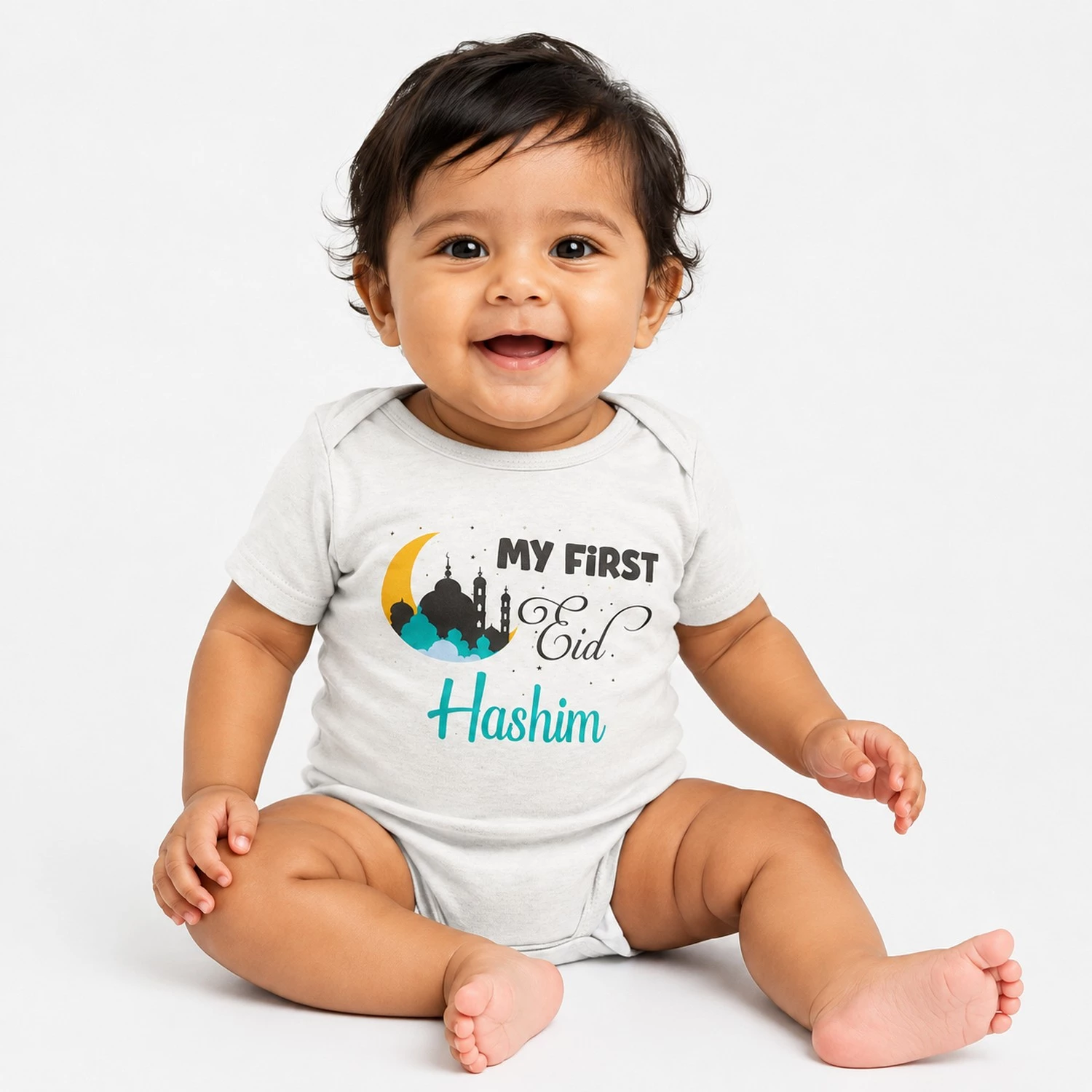 Personalised My First Eid baby romper with Hashim name, crescent moon and mosque illustration