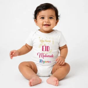 White personalised My First Eid baby romper with Rizwan name and colourful Eid Mubarak design