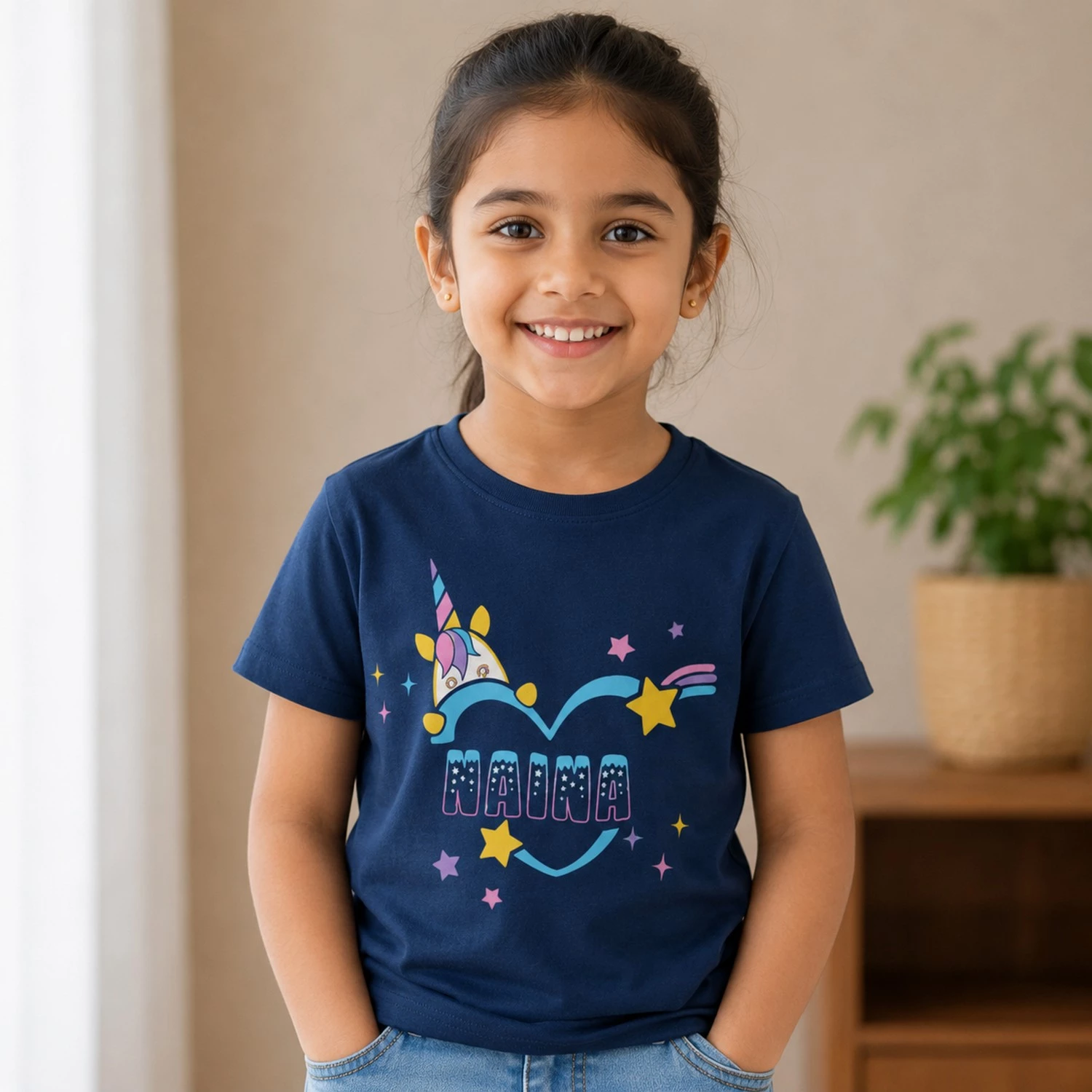 Personalised Naima girls navy blue T-shirt with colourful unicorn heart and stars