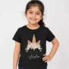 Personalised black girls T-shirt with Aisha name and floral unicorn design